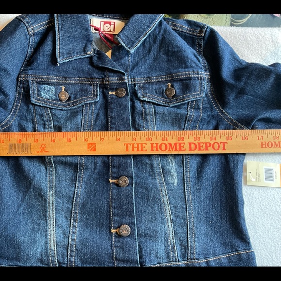 L.e.i. Dark Blue Distressed Jean Jacket Juniors Size S, NWT - Picture 13 of 16